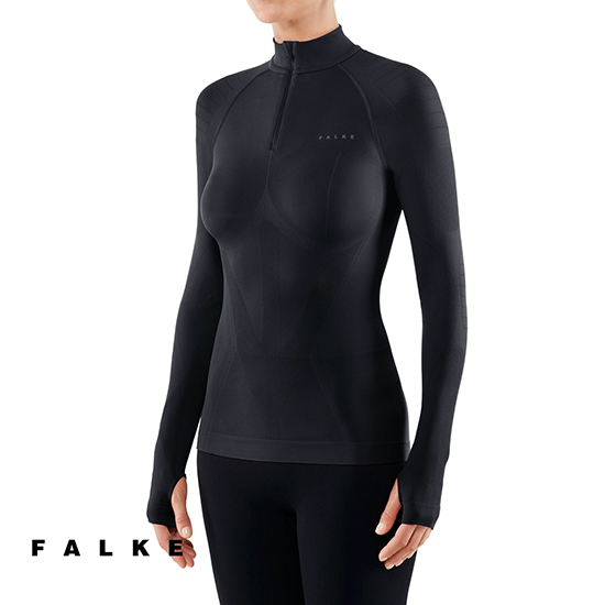 FALKE-1/4 ZIP TEE-SHIRT MANCHES LONGUES WARM WOMAN-TEE-SHIRT CHAUD-FEMME-3000 BLACK-NOIR-FACE