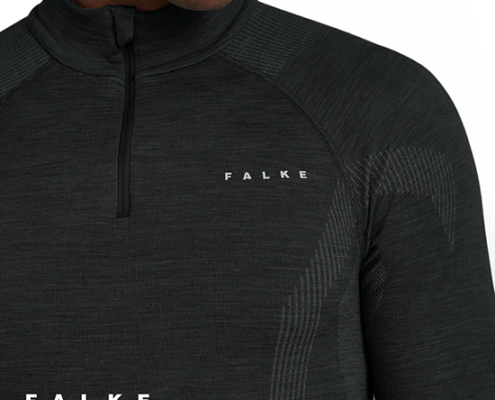 FALKE-33480-WOOL TECH 1/4 ZIP-TEE SHIRT THERMIQUE MANCHES LONGUES-3000 BLACK-NOIR