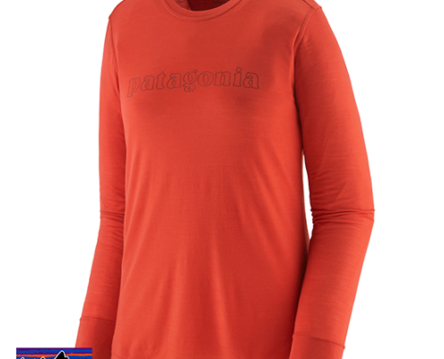 PATAGONIA-44600-WOMEN'S L/S CAP COOL-TEE-SHIRT-FEMME-OTMD OUTLINE TEXT LOGO MADDER RED-ORANGE