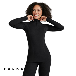 FALKE-33310-TEE-SHIRT 1/4 ZIP WOOL TECH-TEE SHIRT 1/4 ZIP MANCHES LONGUES-FEMME-3000 BLACK-NOIR-FACE