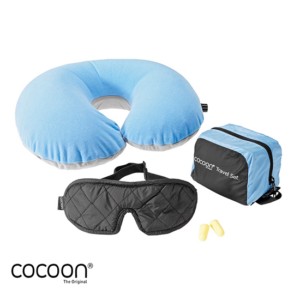 COCOON-COTSL1T-TRAVEL SET ULTRALIGHTSET DEVOYAGE MASQUE + BOUCHONS D'OREILLE+COUSSIN-LIGHT BLUE BLACK-BLEU