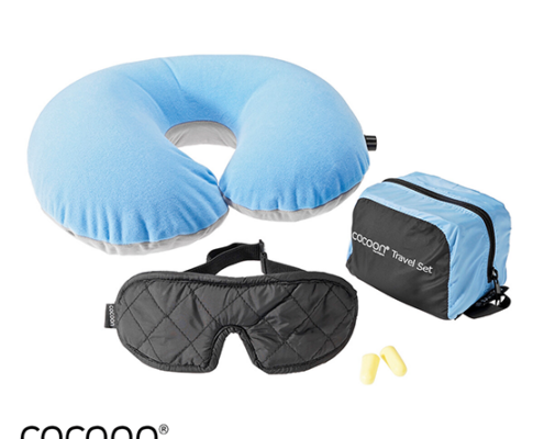 COCOON-COTSL1T-TRAVEL SET ULTRALIGHTSET DEVOYAGE MASQUE + BOUCHONS D'OREILLE+COUSSIN-LIGHT BLUE BLACK-BLEU